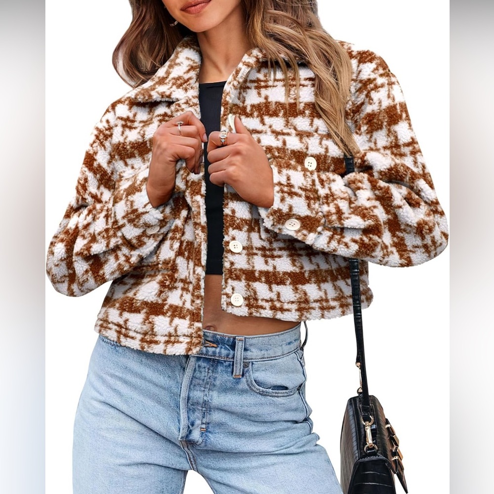 PrettyGarden Brown Plaid Teddy Shacket Jacket Cropped Button Front Cozy Size XL